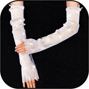 Women's White Fingerless Fishnet Rave Rhinestone White Long  Arm Sleeves Gloves